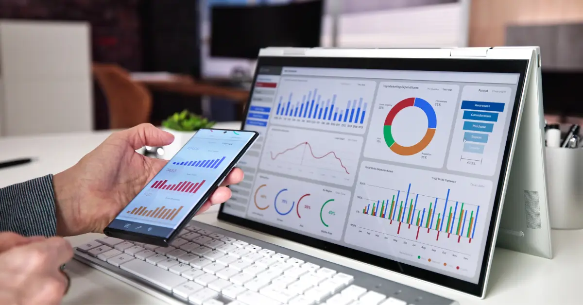 Blog, E-commerce sales growth illustration with online shopping icons and analytics.